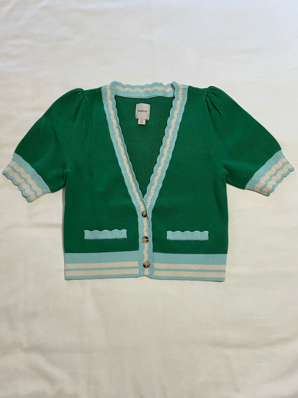 Maeve Green Knit Top with Mint Trim - X-Small